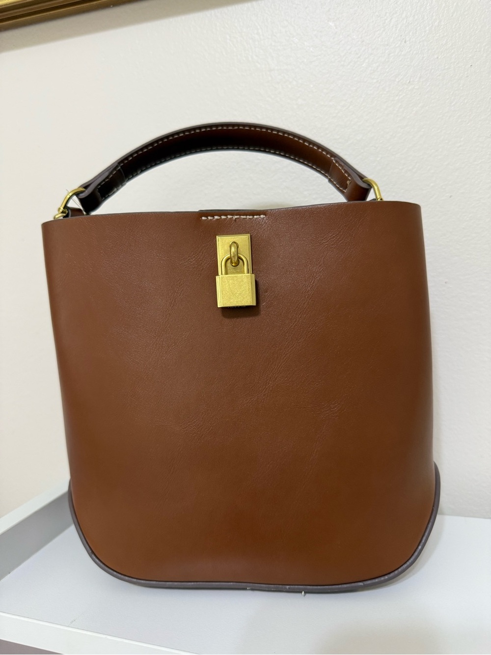 Mango Brown Leather Crossbody Bag with Gold Accent